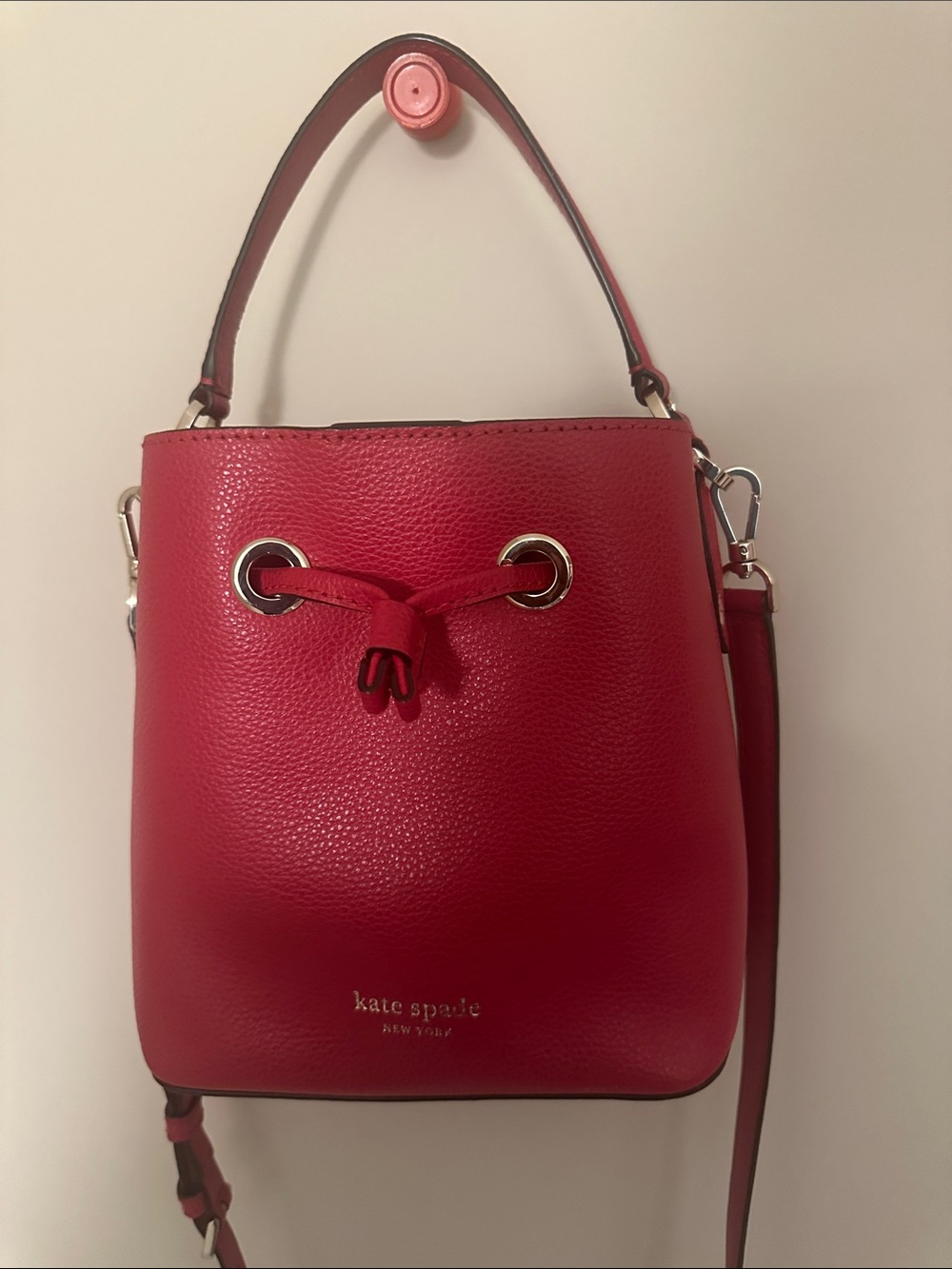 Kate Spade Red Pebbled Leather Drawstring Bucket Crossbody
